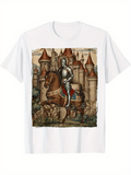 Men's T-Shirt Medieval Castle With Armored Knight On Horseback Surrounded By Ancient Stone Walls