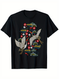 Men's T-Shirt Elegant Flying Cranes With Blossoming Flowers Among Floating Evening Clouds Cranes