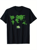 Men's T-Shirt Green Landmarks Among Scattered Leaves And Playful Cartoon World