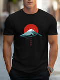 Men's T-Shirt Radiant Red Sun Behind Snowcapped Mountain With Rising Mist Landscape