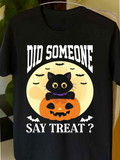 Men's T-Shirt Did Someone Say Treat Cute Cat Sitting On Pumpkin Under Full Moon