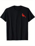 Men's T-Shirt Vivid Red Bird Resting On Black Cotton T Shirt