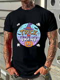 Men's T-Shirt Trick Or Treat Purple Hat With Bats Orange Pumpkin And Stars Halloween