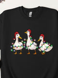 Men's T-Shirt Three White Ducks Wearing Christmas Hats With Colorful Light Bulbs Surrounding Festive Duck