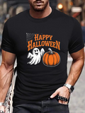 Men's T-Shirt Happy Halloween Cartoon Ghost And Pumpkin Surrounded By Spooky Night Sky