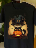 Men's T-Shirt Cozy Halloween Night With Playful Black Hat Adorable Cat And Carved Pumpkin