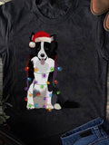 Women's T-Shirt Christmas Lights Wrapped Playful Border Collie Dog