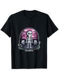 Men's T-Shirt Deadlifts Cartoon Skeleton Lifting Weights At Night Under A Pink Sky