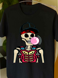 Men's T-Shirt Modern Cartoon Skeleton Blowing Pink Bubble Wearing Cap