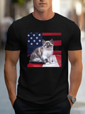 Men's T-Shirt Fluffy Cat Lounging On Bold Striped American Flag Background