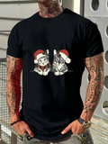 Men's T-Shirt Festive Holiday Mood With Santa Hats And Playful Kitten Duo