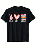 Men's T-Shirt Peace Love And Stacked Colorful Books Library