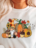 Women's T-Shirt Cozy Autumn Gathering With Gnomes Coffee Pumpkins Sunflower And Falling Leaves