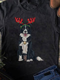 Men's T-Shirt Winter Holiday Dog With Festive Antlers Sitting Calmly