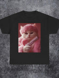 Men's T-Shirt Fluffy Pink Cat Holding A Shiny Toy Pistol In Studio
