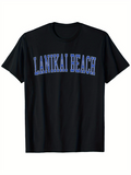Men's T-Shirt Lanikai Beach Large Blue Letters On Plain Cotton Black Tshirt