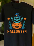 Men's T-Shirt Halloween Spooky Pumpkins Under Glowing Moon With Witch Hat Skull