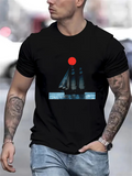 Men's T-Shirt Red Sunset Reflected Over Tranquil Waters With Shadowy Sailboat