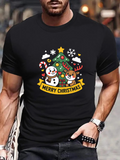 Men's T-Shirt Merry Christmas Cheerful Snowman And Reindeer Beside Decorated Pine Tree