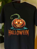 Men's T-Shirt Halloween Creepy Grinning Pumpkin Glowing In Moonlit Shadows