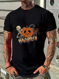 Men's T-Shirt Halloween Spooky Pumpkin Surrounded By Skeleton And Cat Graphic Shirt