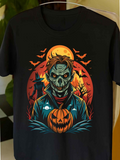 Men's T-Shirt Full Moon Night With Spooky Bats And Pumpkin Masked Villain