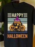 Men's T-Shirt Happy Halloween Striped Background With Pumpkins And Witch Hat Dog