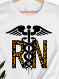 Men's T-Shirt Leopard Pattern Surrounding Caduceus Symbol And Bold RN Letters