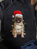 Men's T-Shirt Festive Pug With Christmas Lights Wearing Red Santa Hat Pug