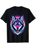 Men's T-Shirt Electric Blue Purple Aurora Night Howling Spirit Wolf