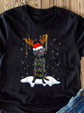 Men's T-Shirt Snowy Festive Holiday Lights Decorated Dog Wearing Santa Hat