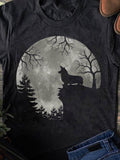Men's T-Shirt Dark Night Silhouetted Trees Under Full Moon With Howling Wolf
