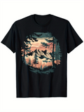Men's T-Shirt Peaceful Sunset Forest With Silhouetted Pine Trees And Majestic Mountain Landscape