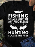 Men's T-Shirt Fishing Solves Problems With Deer And Fish Graphic Black T Shirt