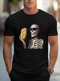 Men's T-Shirt Humorous Scene With Skeleton Holding Tasty Cheesy Sandwich