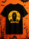 Men's T-Shirt Beware Glowing Pumpkin Shadows With Creepy Coffin Under Full Moon