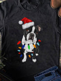 Men's T-Shirt Festive Boston Terrier Wearing Santa Hat With Christmas Lights Dog
