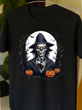 Men's T-Shirt Haunted Night With Pumpkins Surrounding A Creepy Skeleton Witch