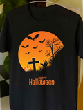 Men's T-Shirt Happy Halloween Spooky Graveyard Scene With Bats Rising Moon And Bare Trees