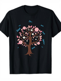 Men's T-Shirt Chirping Bluebirds Among Blossoming Pink Spring Tree