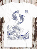 Men's T-Shirt Blue Water Splash With Detailed Japanese Waves And Two Swimming Koi Fish