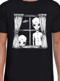 Men's T-Shirt Night Sky Spaceship With Aliens Staring Through Window Scene