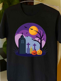 Men's T-Shirt Pumpkins With Full Moon Bats Tombstones In Haunted Graveyard