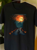 Men's T-Shirt Glowing Pumpkin Pathway Under Fiery Moonlit Spooky Forest Night