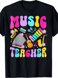 Men's T-Shirt Music Teacher Surrounded By Colorful Musical Instruments Vibrant Festival Party Guitar