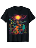 Men's T-Shirt Vibrant Desert Landscape With Colorful Cacti Under Glowing Sunset Sky