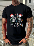 Men's T-Shirt Dancing Skeletons With Santa Hats Surrounded By Snowflakes Christmas Skeleton