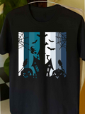 Men's T-Shirt Haunted Night With Silhouetted Houses Bats Webs And Pumpkins