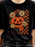 Men's T-Shirt Checkerboard Pattern With Autumn Flowers Around Smiling Jack O Lantern Pumpkin