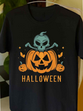 Men's T-Shirt Halloween Night With Carved Pumpkin And Spooky Blue Skull